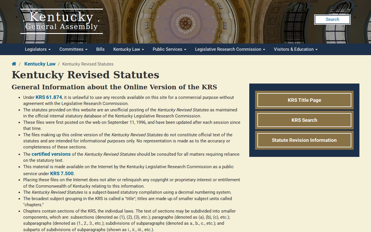 Kentucky statutes index used for Grayson County sex offender registration rules